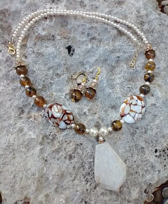 Elegant Mother of Pearl, Agate Necklace with Fossilized Coral Pendant, Natural Stone, Necklace and Earring Set - image1